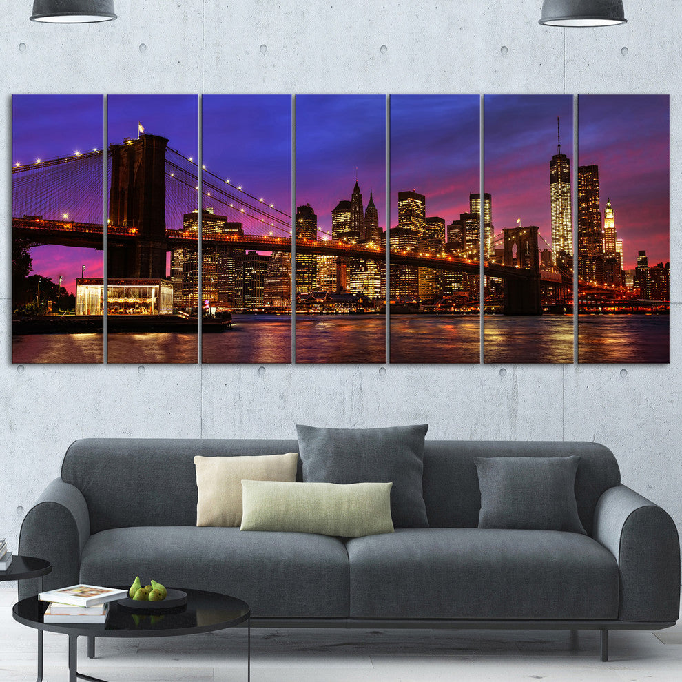 Brooklyn Bridge and Manhattan at Sunset, Pink, Canvas Print, 83"x32", 7 Panels