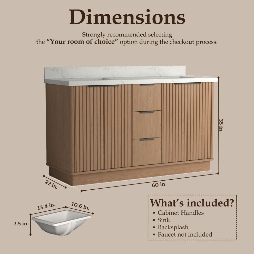 Kathryn Bathroom Vanity, Light Oak, 60", Double Sink, Freestanding