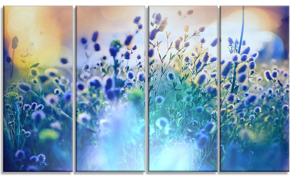 Blue Summer Flowers on Meadow, Floral Canvas Art Print, 48"x28", 4 Panels