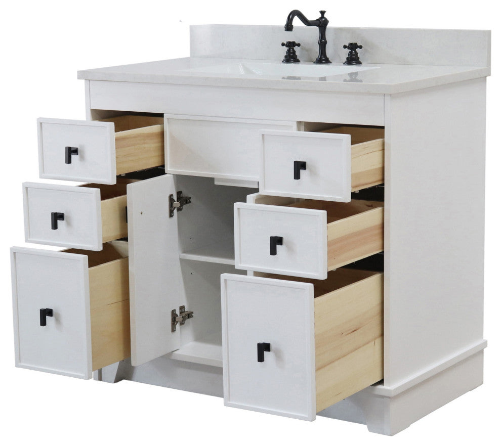 39" Single Sink Vanity, White Finish With Engineered Stone Top