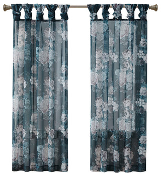 Madison Park Simone Printed Floral Twist Tab Top Voile Sheer Curtain, Navy