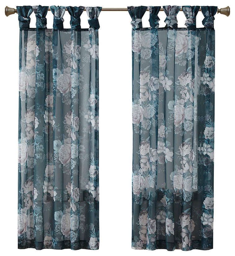 Madison Park Simone Printed Floral Twist Tab Top Voile Sheer Curtain, Navy