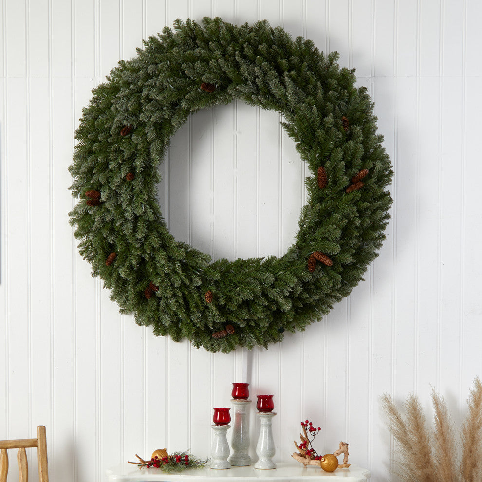 5' Flocked Faux Xmas Wreath W/Pinecones, Clear LED Lights & Bendable Branches