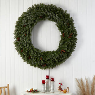 5' Flocked Faux Xmas Wreath W/Pinecones, Clear LED Lights & Bendable Branches
