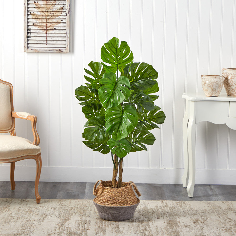 4' Monstera Artificial Tree in Boho Chic Handmade GrayWoven Planter UV Resistant