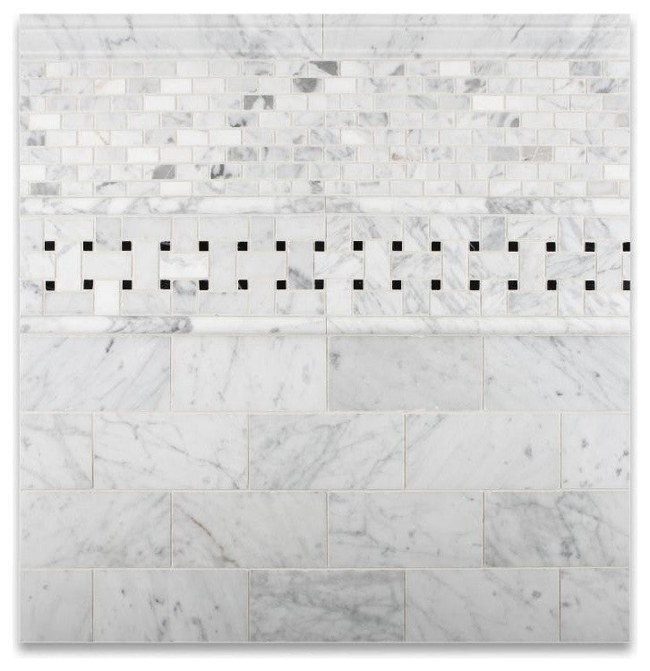 Carrara White Marble Honed Basketweave  Mosaic Tile w/ Black Dots