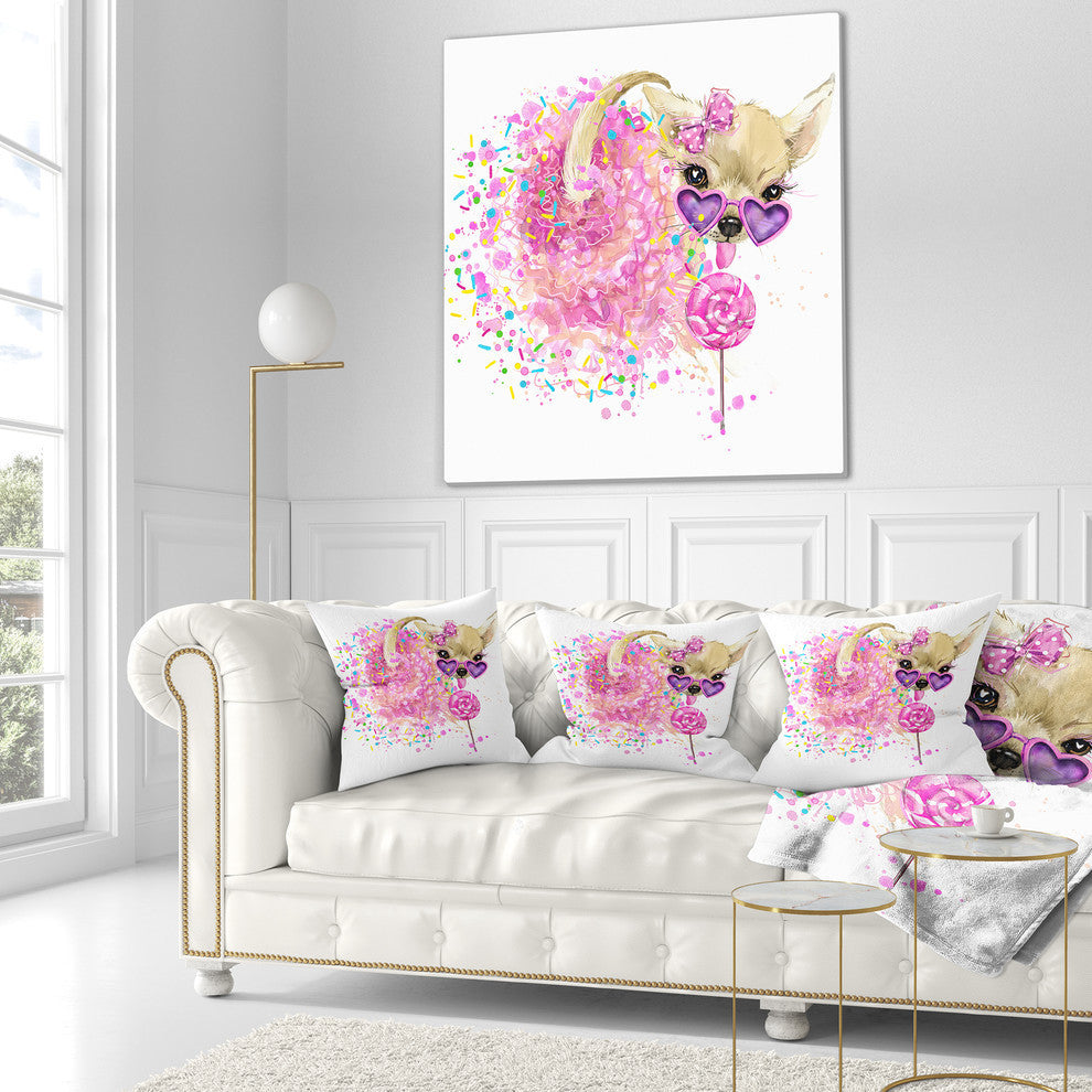 Sweet Pink Dog With Glasses Animal Throw Pillow, 16"x16"