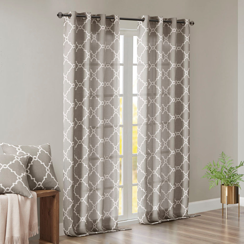 Madison Park Saratoga Fretwork Print Grommet Top Window Curtain Panel, Grey