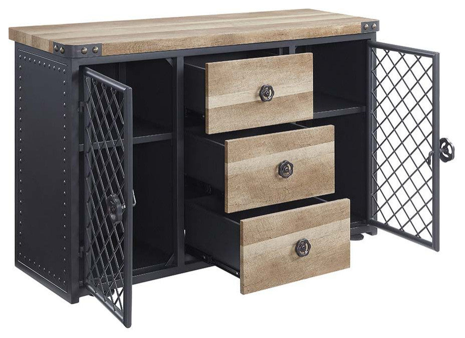 Wood Server With 2 Doors and 3 Drawers, Oak and Sandy Black