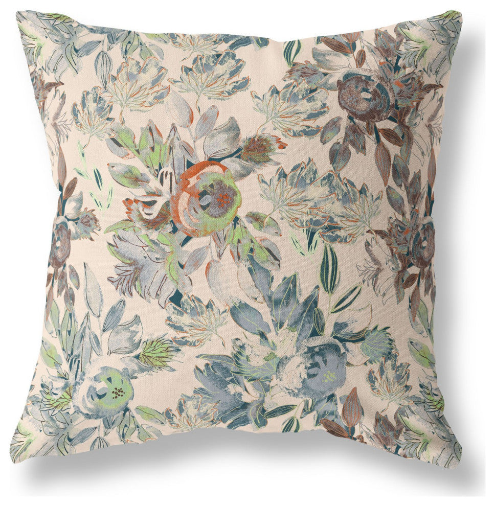 26" Green Brown Florals Indoor Outdoor Zippered Throw Pillow