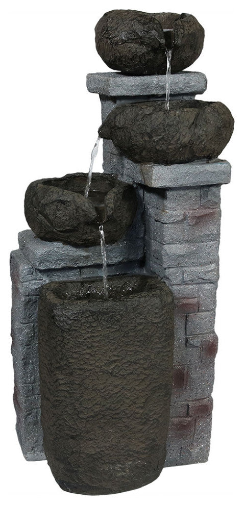 Sunnydaze Cascading Stone Bowls Solar-on-Demand Water Fountain With LED Light