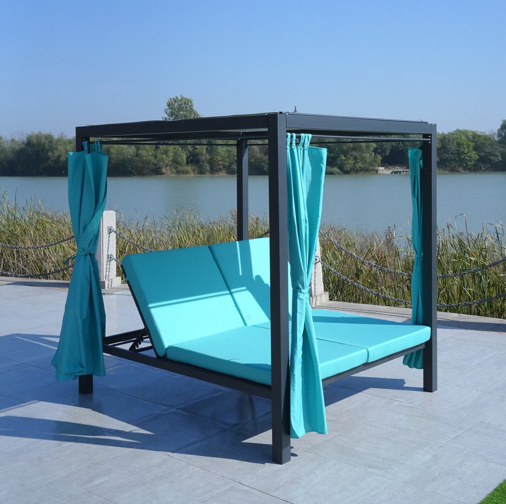 Outdoor Dual Chaise Lounger Cushioned Sunbed With Adjustable Curtains & Canopy, Cyan