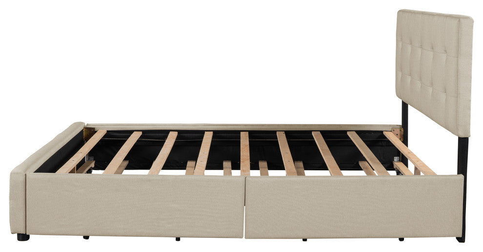Queen Wood Frame Platform Bed with Drawers and Twin XL Trundle, Beige, Queen