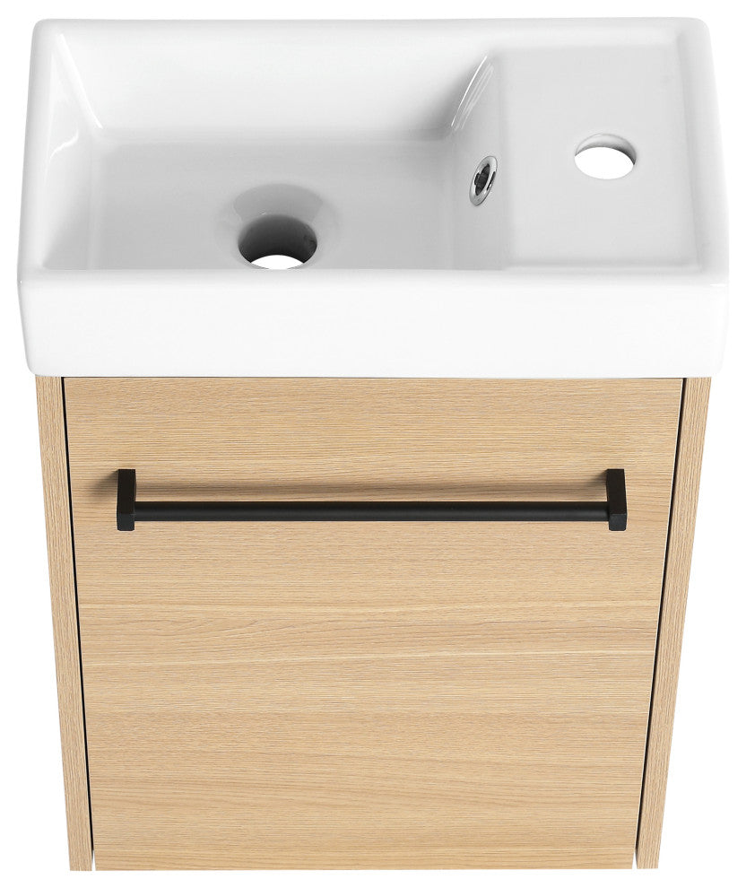 GDF Studio 16" Wall-Mounted Vanity, Ceramic Sink & Soft-Close Cabinet, Light Oak