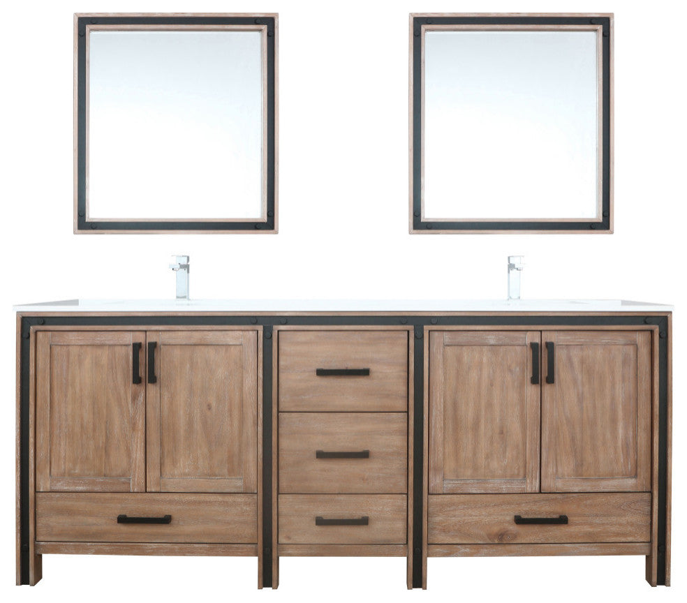 Ziva 80 Barnwood DB Vanity, Cultured Marble Top, Square Sink, 30 Mirrors, Faucet