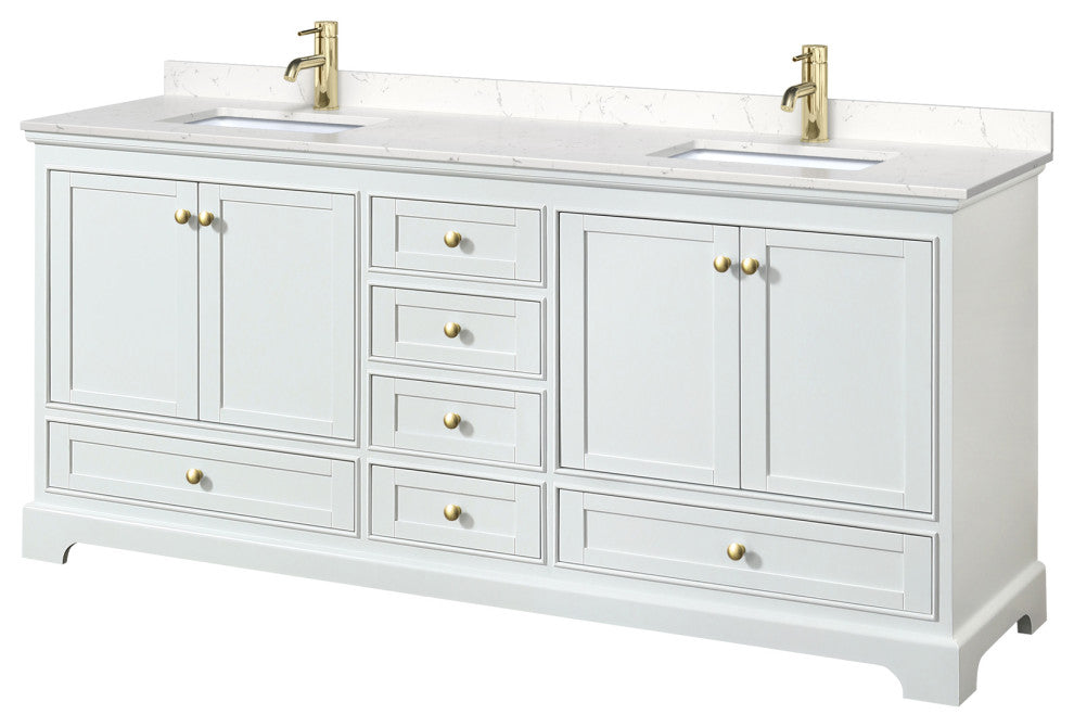 80"DBL Bathroom Vanity White, Carrara Cult. Marble Countertop, Sinks, Gold Trim
