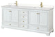 80"DBL Bathroom Vanity White, Carrara Cult. Marble Countertop, Sinks, Gold Trim