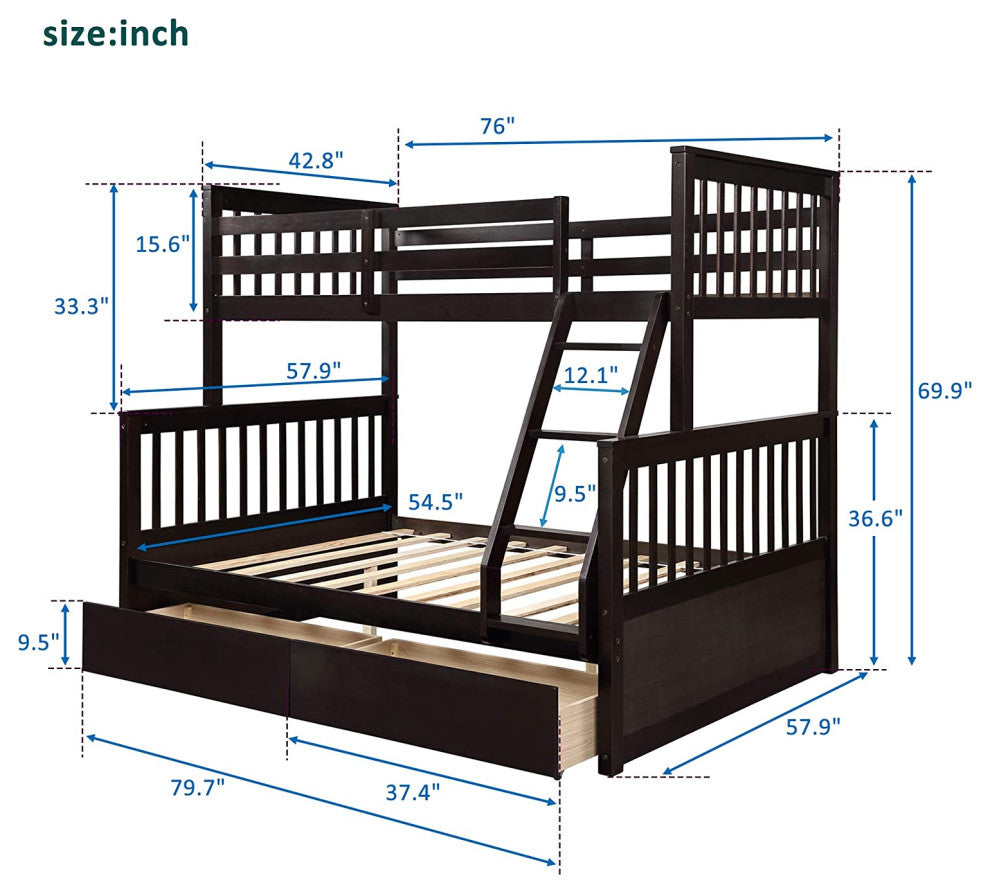 Kids Solid Wood Twin Bed with Rail, Ladder and Two Storage Drawer