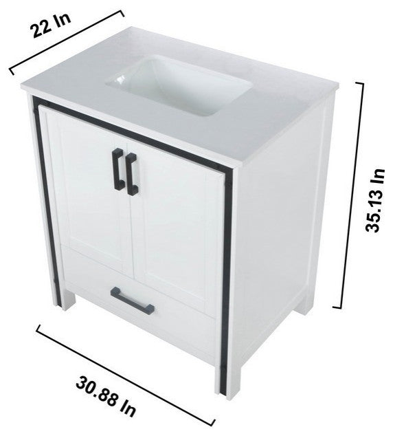 Ziva White 30" Single Vanity, Cultured Marble Top, White Square Sink