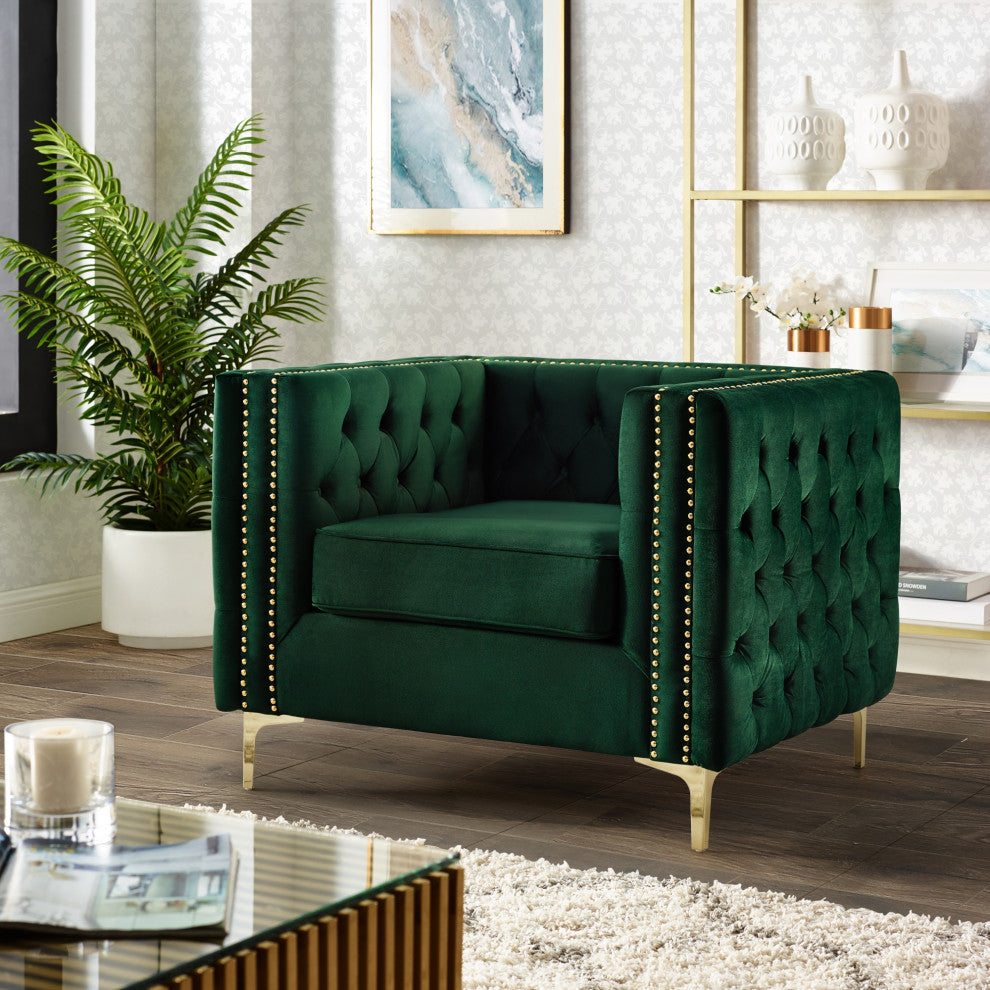 Jeannie Velvet 3-Seat Sofa Button Tufted With Metal Legs, Hunter Green