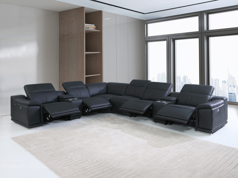 Federico 8-Piece L-Shaped Top Grain Italian Leather Sectional-4 Power Recliners, Black