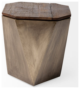 Esagono Octagonal Gold Metal-Clad Reclaimed Wood End/Side Table With Storage