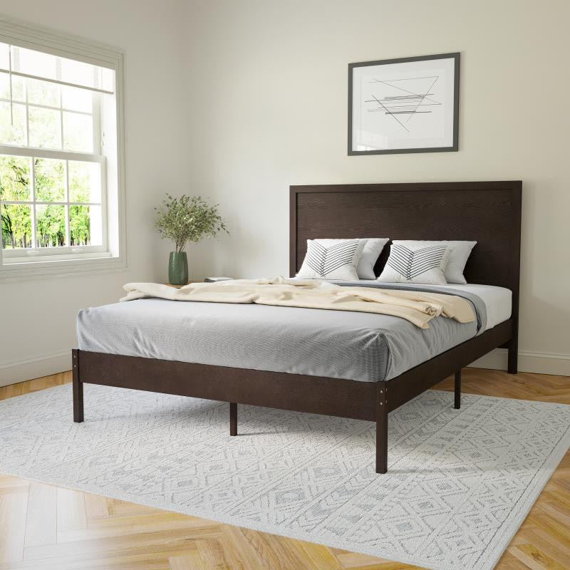 Asher Solid Wood Platform Bed with Wooden Slats and Headboard, Dark Brown, Queen