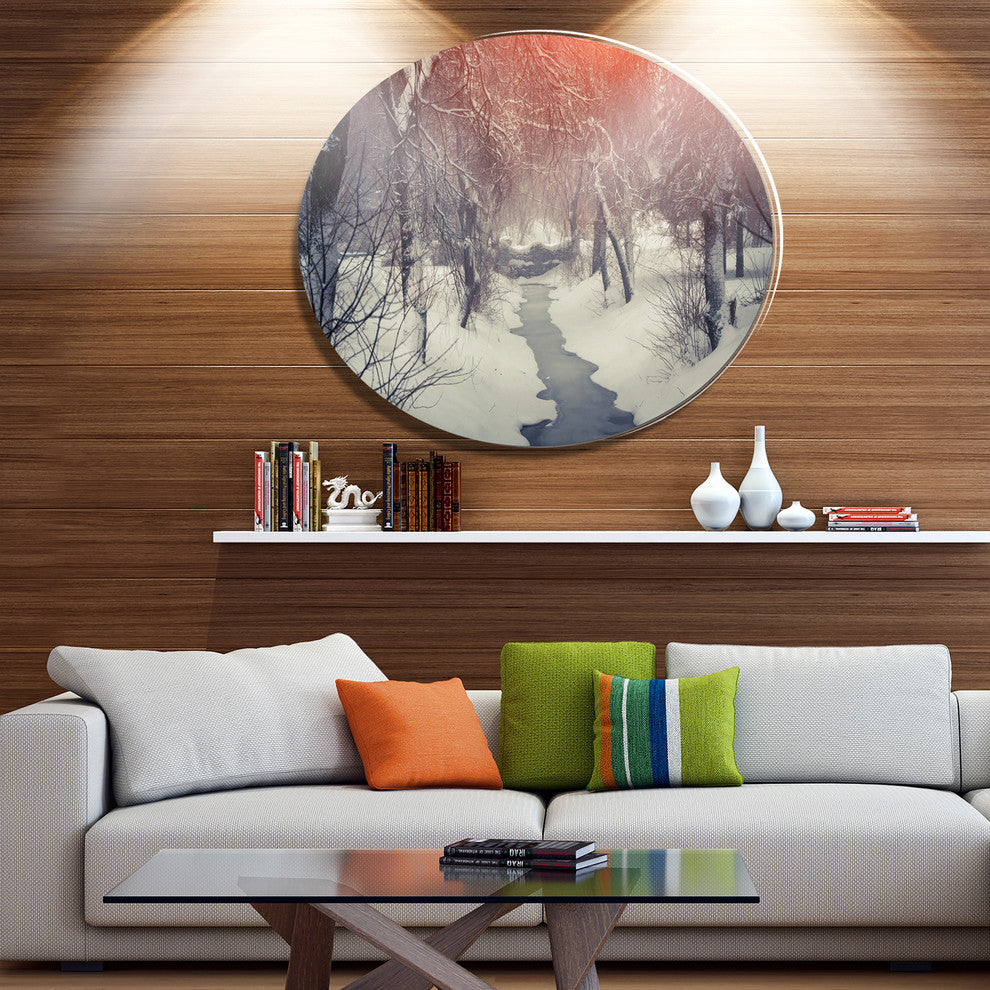 Beautiful Snowfall In City Park, Landscape Disc Metal Artwork, 23"