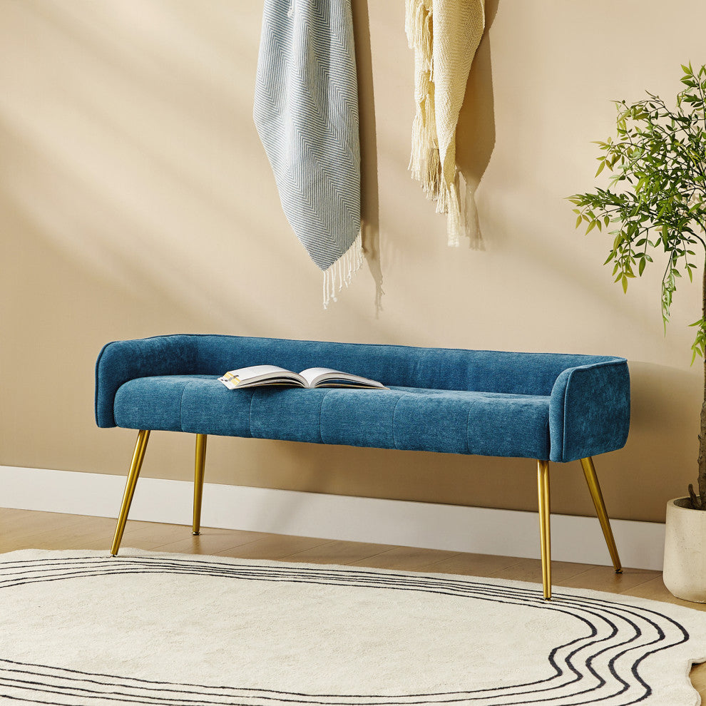 55.25"W Modern Upholstered Low Back Bench, Blue