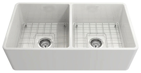 BOCCHI 1139-001-2020CH Farmhouse Fireclay 33 Inch Double Bowl Kitchen Sink Kit
