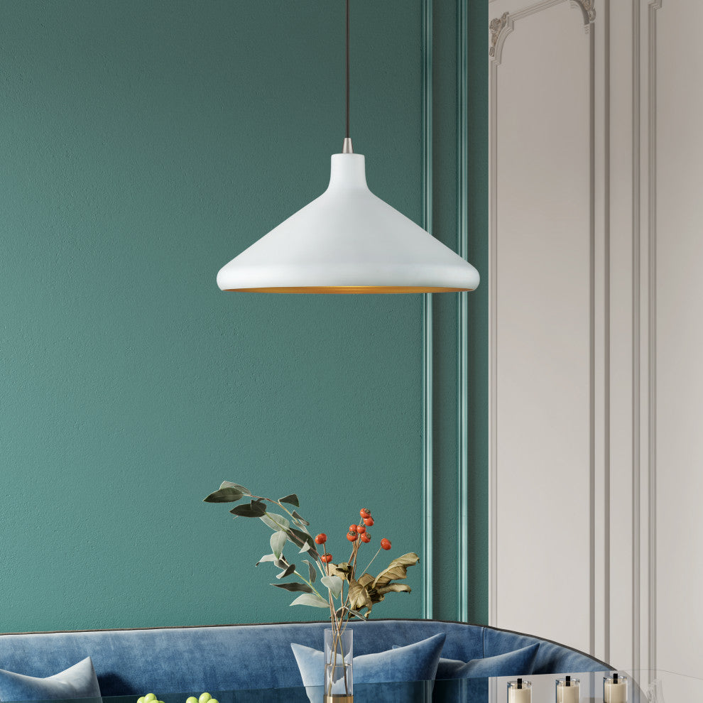 Geneva 1 Light White Cone Pendant with Brushed Nickel Accents