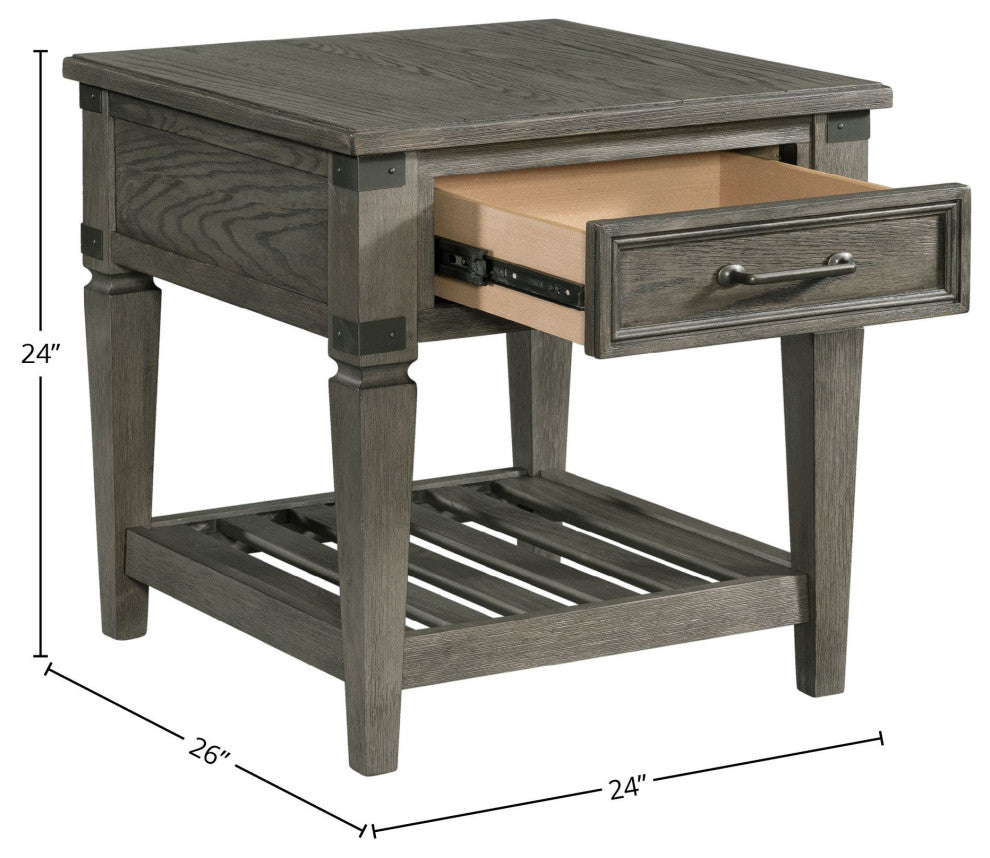 Foundry 24" Wide End Table With Drawer and Shelf, Brushed Pewter
