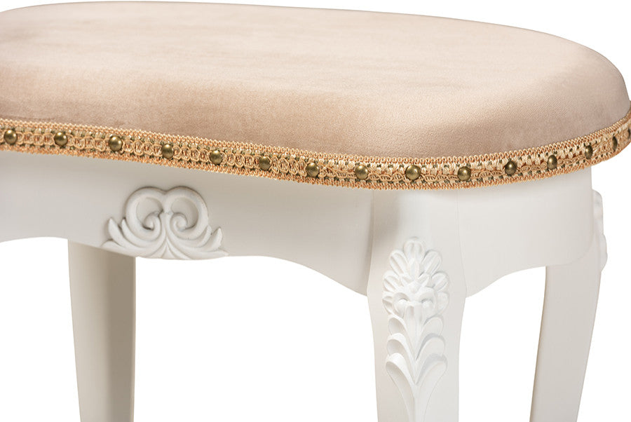 Derwent Sand Velvet Fabric White-Finished Wood Vanity Ottoman