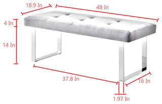 Dolores Velvet Button Tufted Square Leg Bench, Navy With Chrome Base