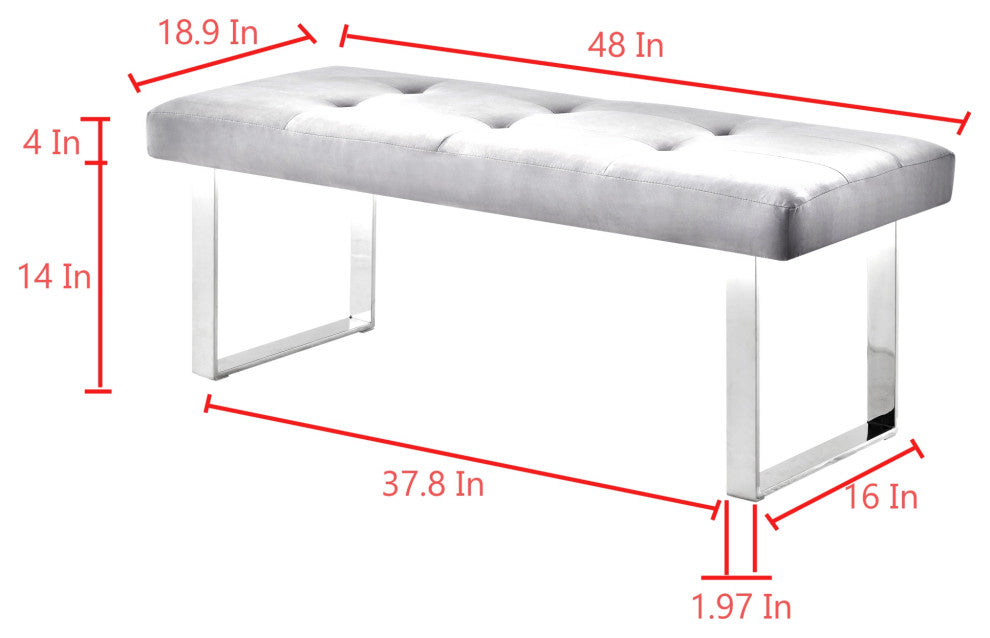 Dolores Velvet Button Tufted Square Leg Bench, Navy With Chrome Base