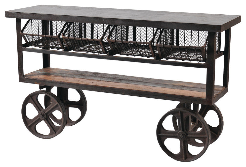 Golden Solid Wood 4 Drawer Cart on Cast Iron Wheels, Brown
