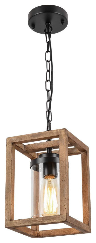 Wooden Square Pendant Lighting Fixtures Cage Swag Hanging Chandelier