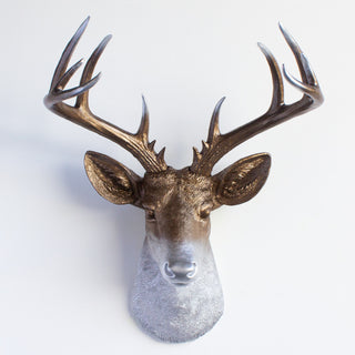 Faux Deer Head Wall Mount - 14 Point Stag Head Antlers, Bronze