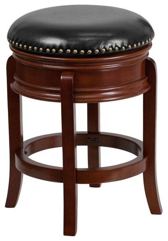 24" Backless Light Cherry Wood Counter Stool With Black Leather Swivel Seat