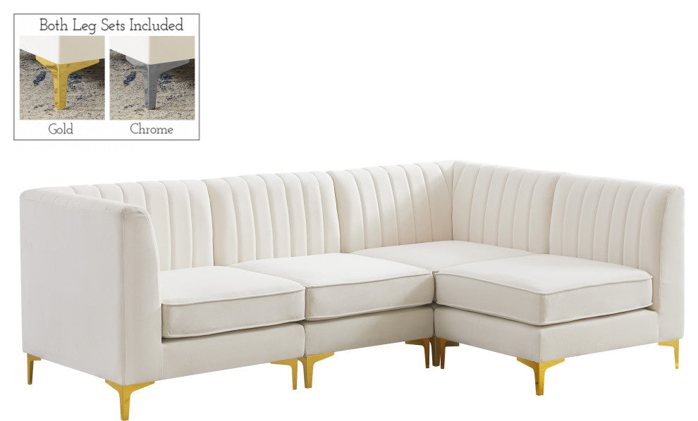 Alina Velvet Modular L-Shaped Modular Sectional, Cream, 4-Piece: 2 Armless Chair, 2 Corner Chair