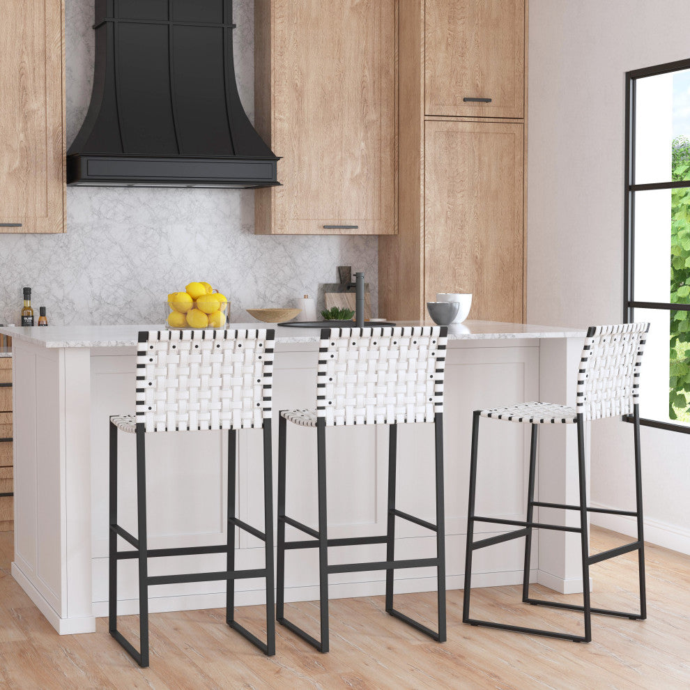 Urban Woven Genuine Leather Rectangular  28" Barstool, White