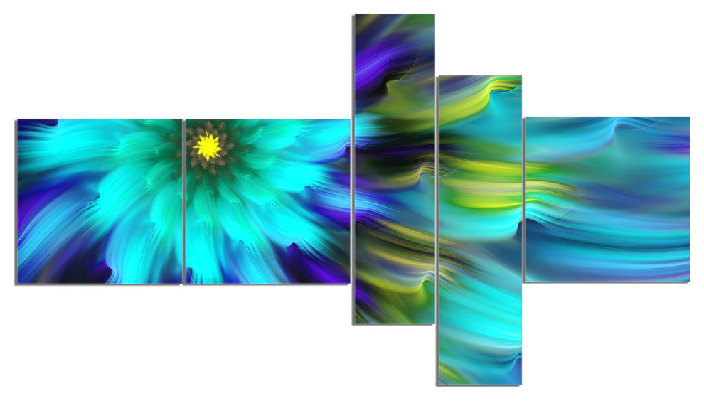 Massive Blue Green Fractal Flower, Floral Canvas Art Print, 60"x32", 5 panels