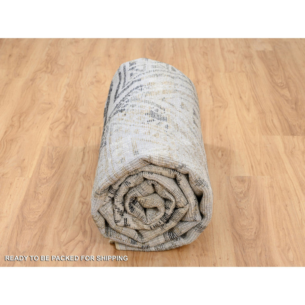 Gray, Erased Ethnic Geometric Design, Pure Wool Hand Knotted Rug, 9'1" x 12'0"