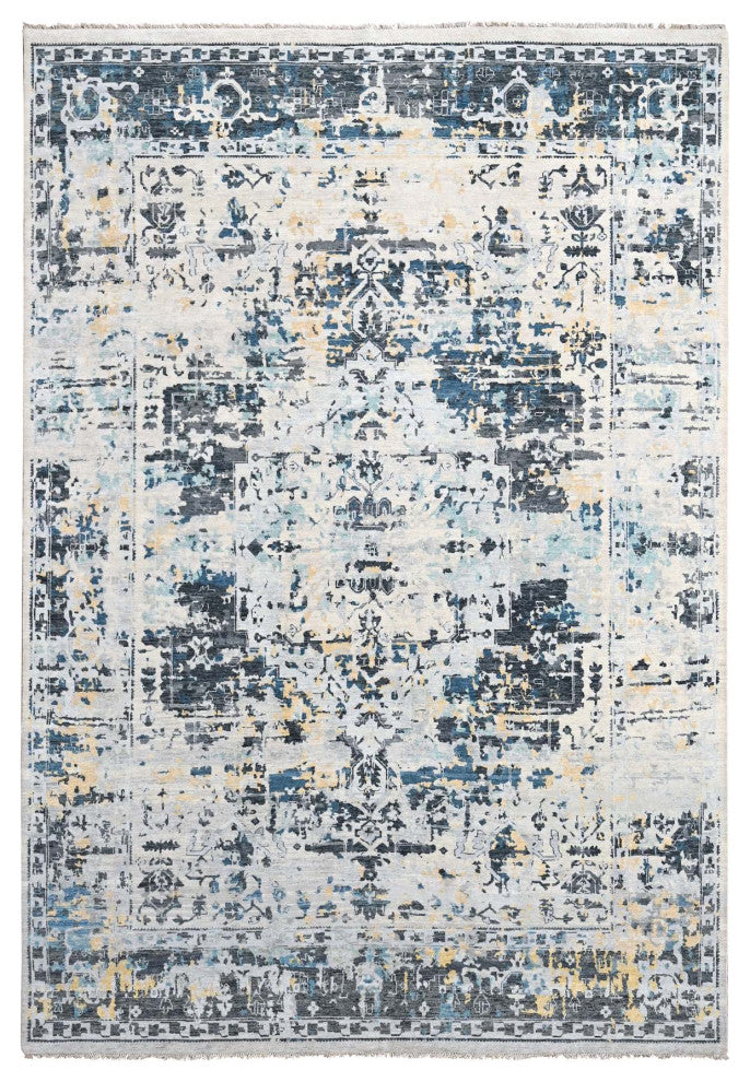 Ivory and Blue Hand Knotted Soft Wool Persian Design Oriental Rug  8'10"x12'