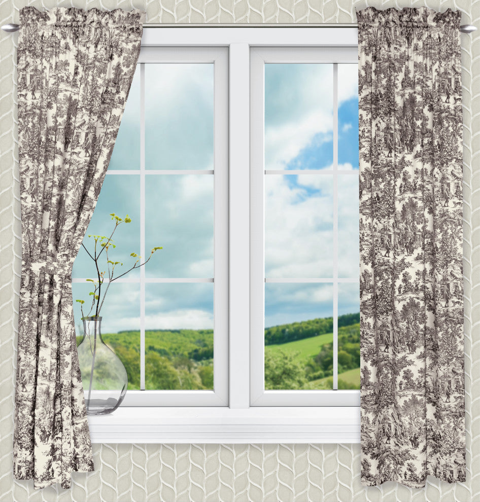 Victoria Park Toile Panel Pair Curtains With Tiebacks, Black, 68"x84"