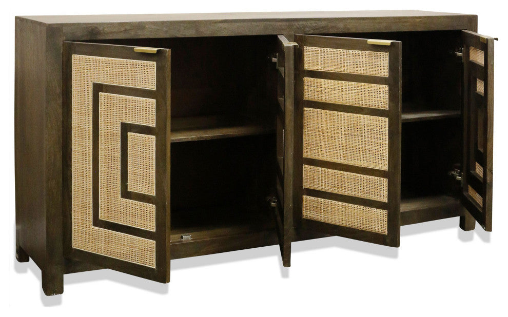 Spencer Sideboard Four Rattan Woven Doors Mango Wood Dark Brown Finish