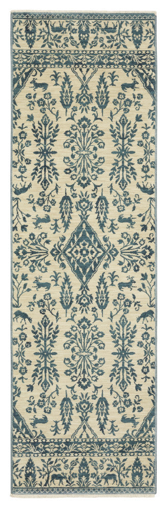 Fabienne Bordered Botanical Indoor Ivory/Blue Area Rug, Ivory, 2'3"x7'6"
