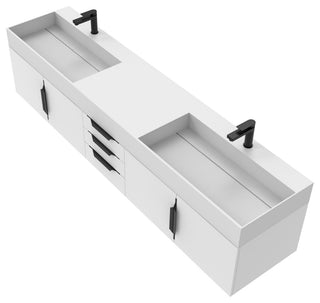 CastelloUSA Amazon 84" Wall Mounted Bathroom Vanity Set, White, White Top, Black Handles