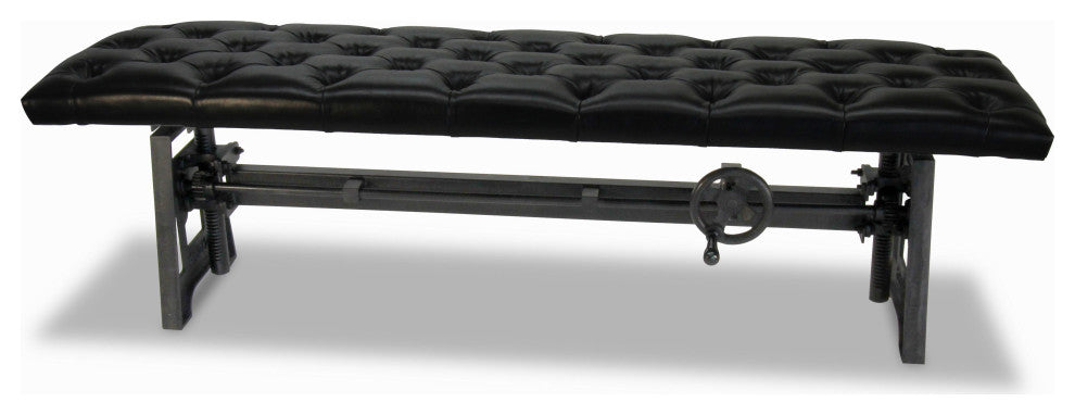 Industrial Dining Bench Seat - Cast Iron Base - Adjustable Black Leather Top