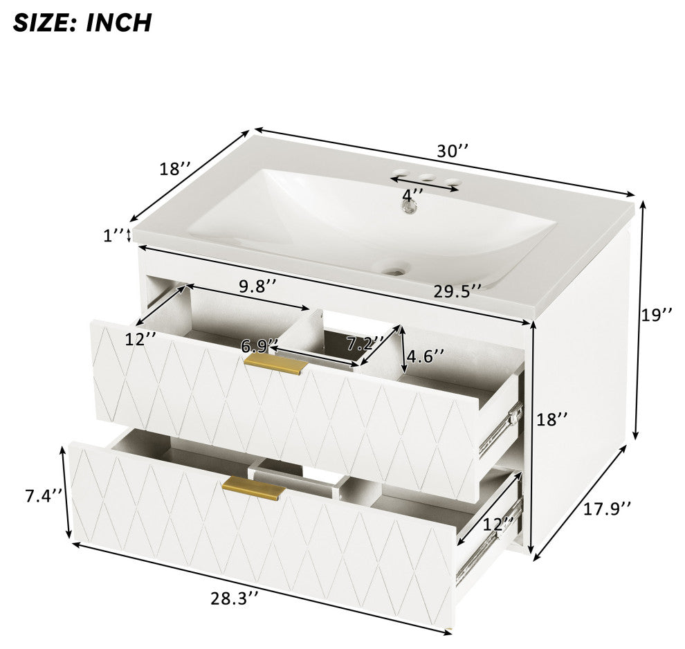 30'' Floating Bathroom Vanity with Resin Sink,Mounted Bathroom Storage Cabinet, White